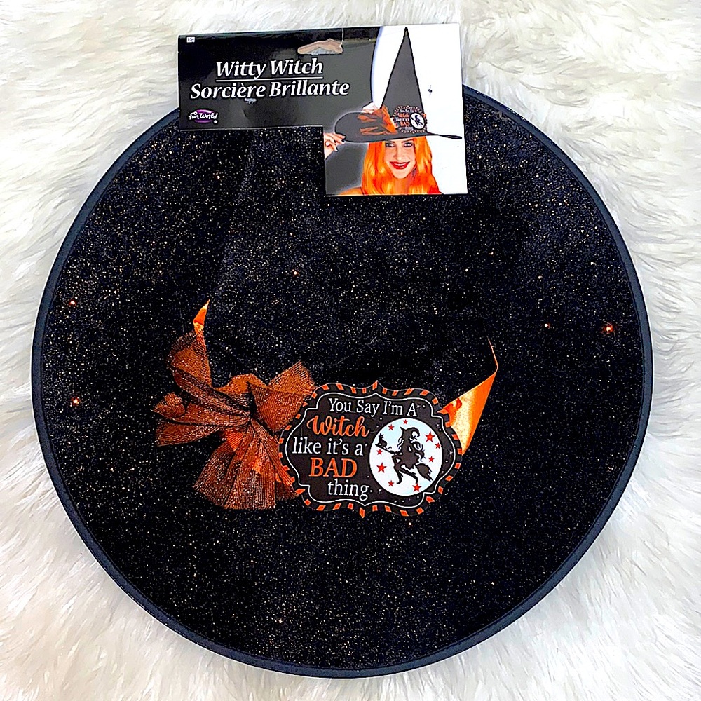 Fun World Orange and Black Sparkly Witch Hat with a Bow Halloween Costume.